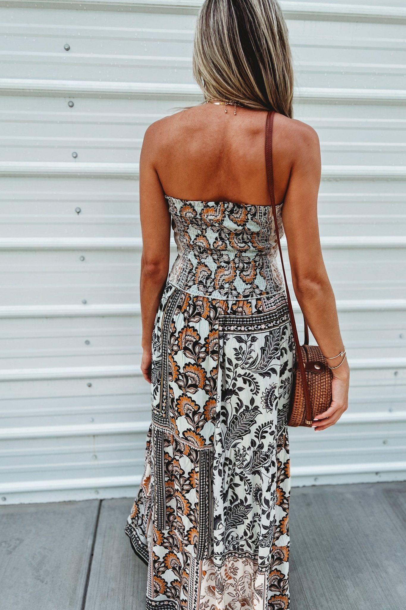 Boho Mosaic Smocked Strapless Cutout Maxi Dress Simply Me Boutique Boho Mosaic Smocked Strapless Cutout Maxi Dress Simply Me Boutique