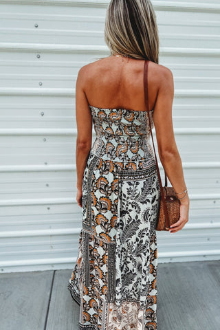 Boho Mosaic Smocked Strapless Cutout Maxi Dress - Simply Me Boutique