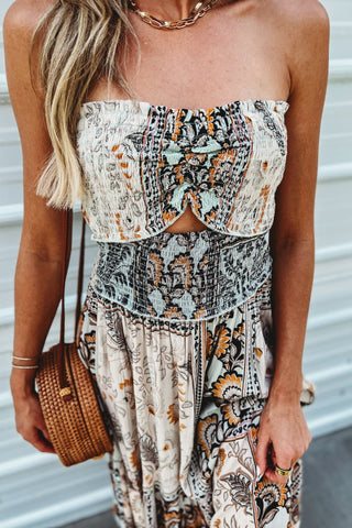 Boho Mosaic Smocked Strapless Cutout Maxi Dress - Simply Me Boutique