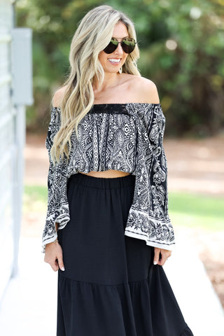 Boho Noir Lace Trim Bell Sleeve Crop Top - Simply Me Boutique