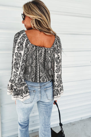 Boho Noir Lace Trim Bell Sleeve Crop Top - Simply Me Boutique