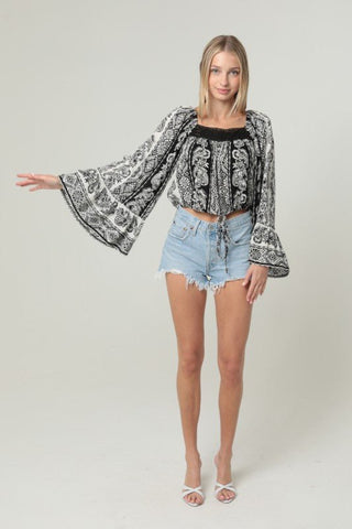 Boho Noir Lace Trim Bell Sleeve Crop Top - Simply Me Boutique