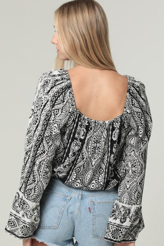Boho Noir Lace Trim Bell Sleeve Crop Top - Simply Me Boutique