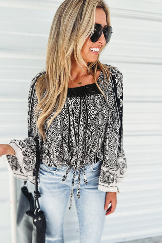 Boho Noir Lace Trim Bell Sleeve Crop Top - Simply Me Boutique
