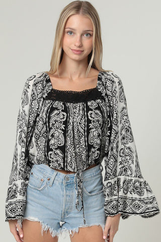 Boho Noir Lace Trim Bell Sleeve Crop Top - Simply Me Boutique