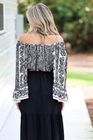 Boho Noir Lace Trim Bell Sleeve Crop Top - Simply Me Boutique