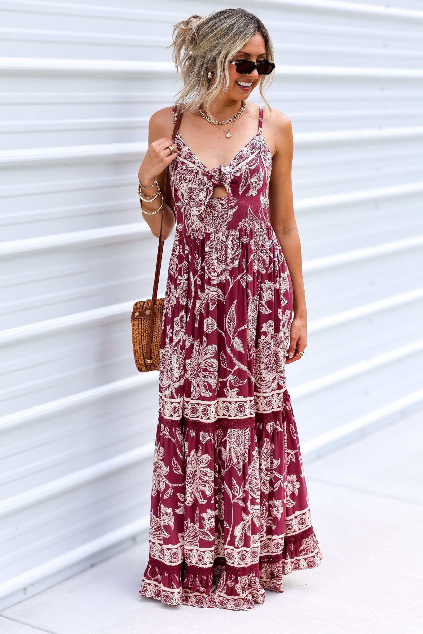 Bordeaux Blooms Tie Front Wine Maxi Dress Simply Me Boutique L 10/12