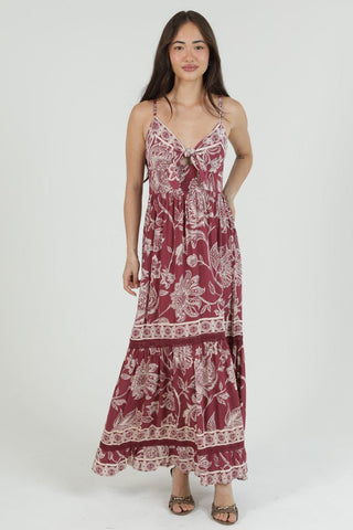 Bordeaux Blooms Tie Front Wine Maxi Dress - Simply Me Boutique