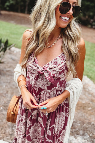 Bordeaux Blooms Tie Front Wine Maxi Dress - Simply Me Boutique