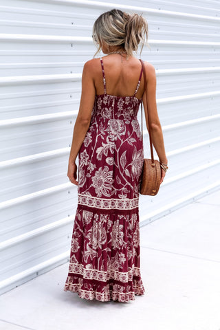 Bordeaux Blooms Tie Front Wine Maxi Dress - Simply Me Boutique