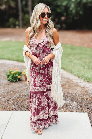 Bordeaux Blooms Tie Front Wine Maxi Dress - Simply Me Boutique