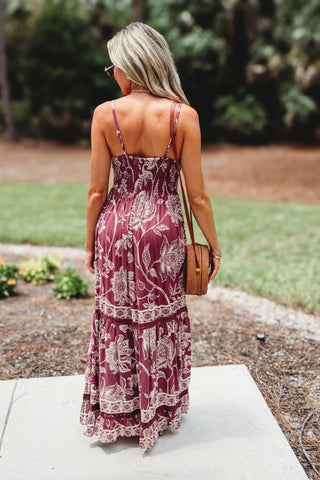 Bordeaux Blooms Tie Front Wine Maxi Dress - Simply Me Boutique
