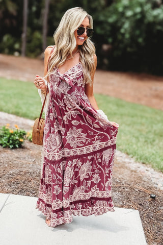 Bordeaux Blooms Tie Front Wine Maxi Dress - Simply Me Boutique