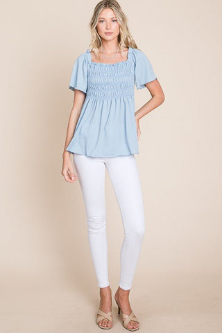 Breezy Charm Blue Smocked Top - Simply Me Boutique