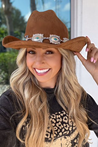 Brown Concho Chain Disc Cowboy Hat - Simply Me Boutique