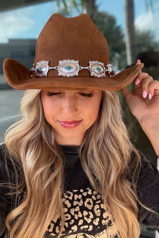 Brown Concho Chain Disc Cowboy Hat - Simply Me Boutique