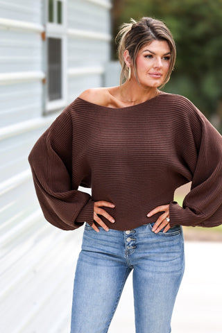 Brown Cozy Ease Boat Neck Balloon Sleeve Sweater - Simply Me Boutique