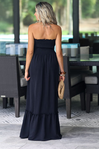 Cabana Club Strapless Smocked Maxi Dress (Black) - Simply Me Boutique