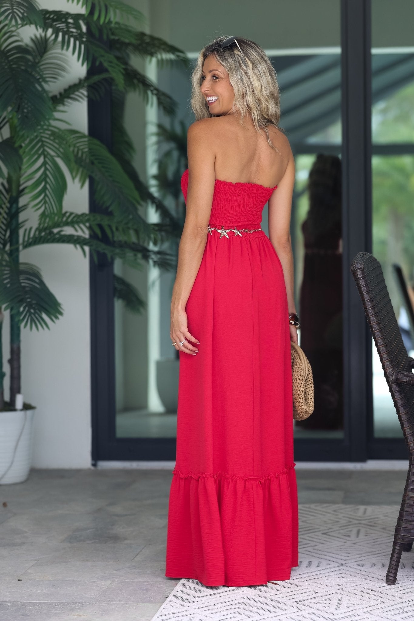 Cabana Club Strapless Smocked Maxi Dress (Red) L 10/12