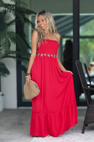 Cabana Club Strapless Smocked Maxi Dress (Red) - Simply Me Boutique