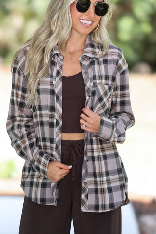 Cabin Crush Oversized Greige Plaid Shirt - Simply Me Boutique