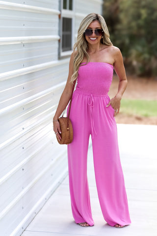 Candy Pink Rumor Going Round Smocked Jumpsuit - Simply Me Boutique
