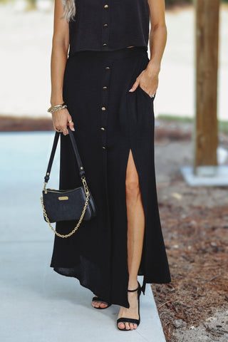 Canyon Breeze Button Front Maxi Skirt (Black) - Simply Me Boutique