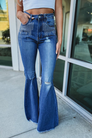Carrie High Rise Distressed Rhinestone Accent Super Flare Jeans - Simply Me Boutique