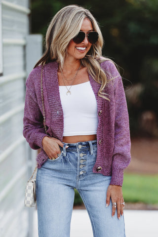 Casual Moves Button Front Heathered Eggplant Cardigan - Simply Me Boutique