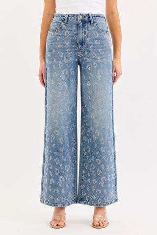 CELLO Celine High Rise Rhinestone Leopard Wide Leg Jeans - Simply Me Boutique