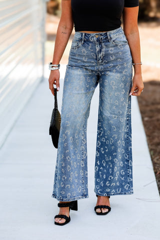 CELLO Celine High Rise Rhinestone Leopard Wide Leg Jeans - Simply Me Boutique