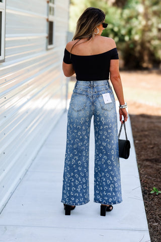 CELLO Celine High Rise Rhinestone Leopard Wide Leg Jeans - Simply Me Boutique