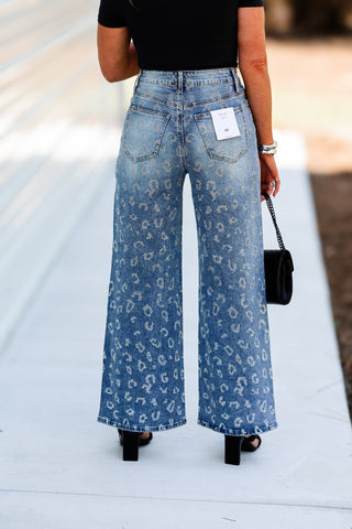 CELLO Celine High Rise Rhinestone Leopard Wide Leg Jeans - Simply Me Boutique