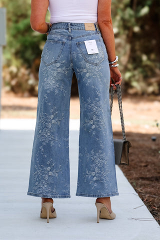 CELLO Clara High Rise Embossed Floral Wide Leg Jean - Simply Me Boutique