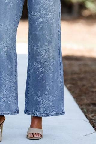 CELLO Clara High Rise Embossed Floral Wide Leg Jean - Simply Me Boutique