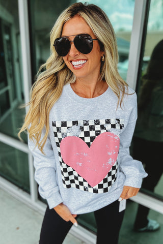 Checkered Heart Grey Sweatshirt - Simply Me Boutique