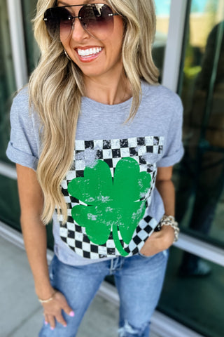 Checkered Shamrock Grey Graphic Tee - Simply Me Boutique