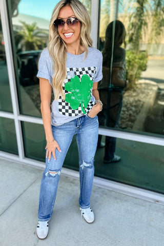 Checkered Shamrock Grey Graphic Tee - Simply Me Boutique