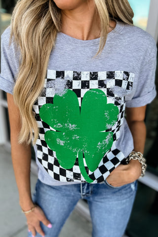 Checkered Shamrock Grey Graphic Tee - Simply Me Boutique