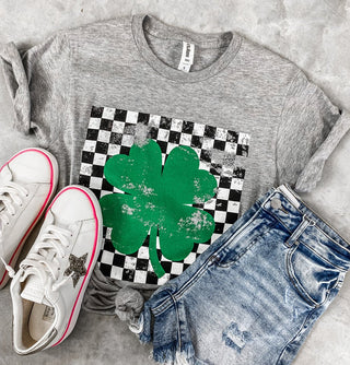 Checkered Shamrock Grey Graphic Tee - Simply Me Boutique