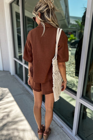 Chestnut Dreams Short Sleeve Button Up Top - Simply Me Boutique