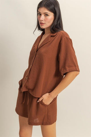 Chestnut Dreams Short Sleeve Button Up Top - Simply Me Boutique