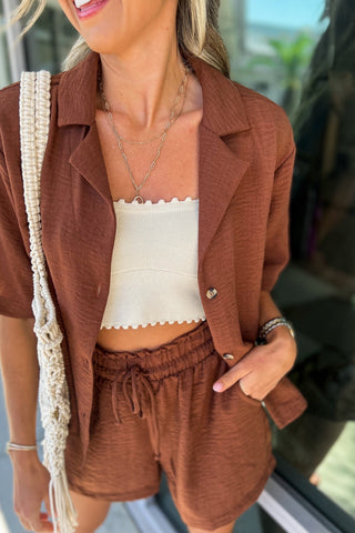 Chestnut Dreams Short Sleeve Button Up Top - Simply Me Boutique