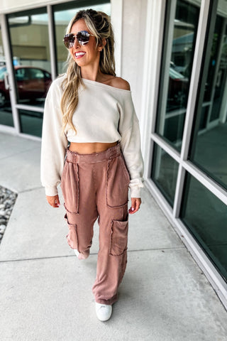 Chic Comfort Sand Beige Boatneck Cropped Sweatshirt - Simply Me Boutique