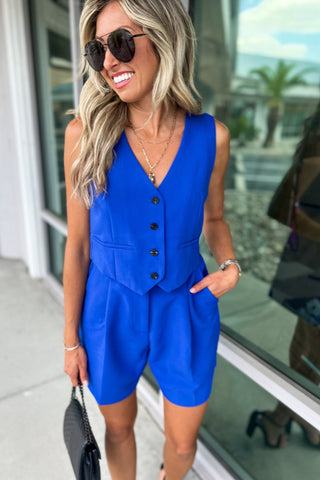 City Sleek Button Up Cobalt Vest - Simply Me Boutique