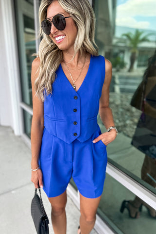 City Sleek Button Up Cobalt Vest - Simply Me Boutique
