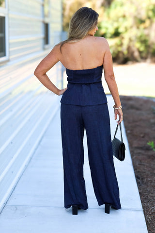 Classic Allure Navy Asymmetrical Button Jumpsuit - Simply Me Boutique