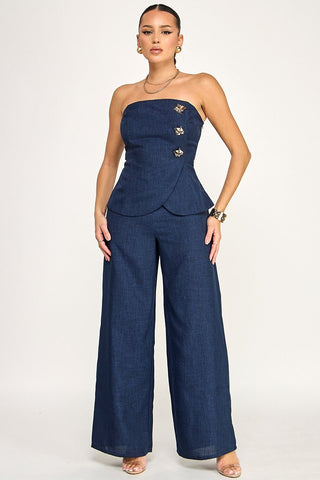 Classic Allure Navy Asymmetrical Button Jumpsuit - Simply Me Boutique