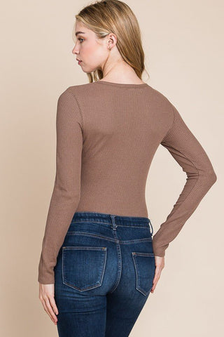 Classic Brown Ribbed Henley Bodysuit - Simply Me Boutique