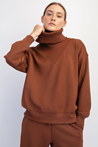 Cozy State Luxe Scuba Chestnut Ribbed Turtleneck Pullover - Simply Me Boutique